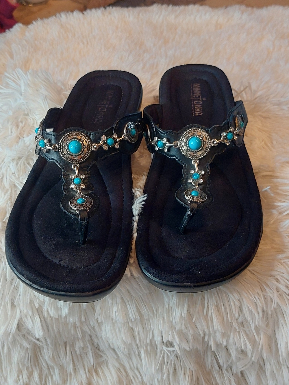 Minnetonka Boca Thong III Sandals Black Turquoise Concho Sz 10 EUC